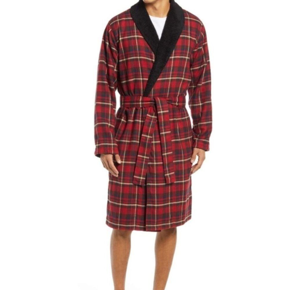 NWT UGG MEN'S KALIB PLAID FLANNEL LINED BATH ROBE RED‎ BLACK M/L